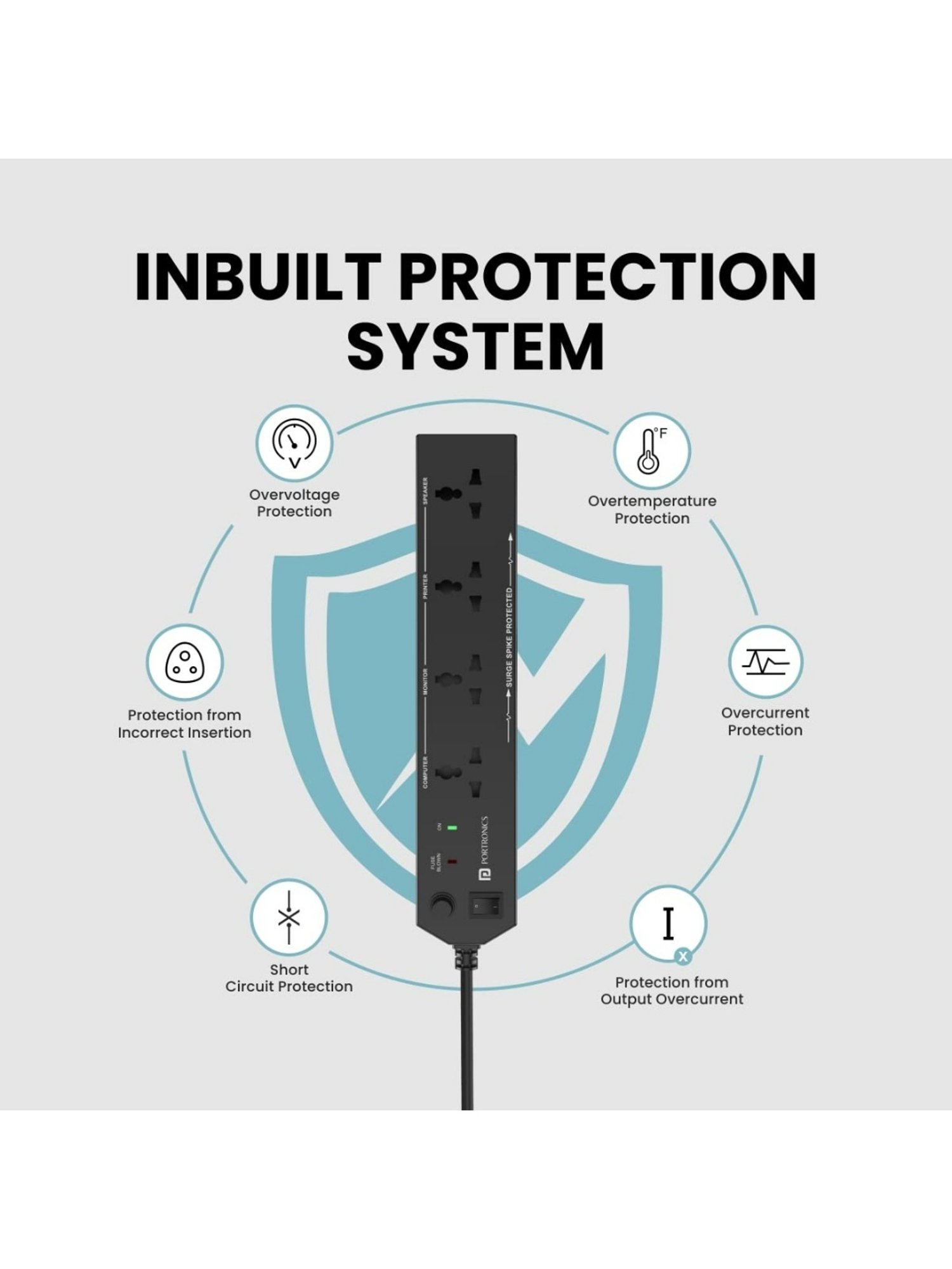 Portronics Power Plate 10 1500W Power Converter with 4 Power Sockets, 3M Cord Length (Black)