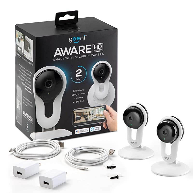Aware 1080p Indoor Smart Home Security Camera with 2Way Talk Night Vision and Motion Alerts Works with Alexa and Google Assistant No Hub Required White 2 Pack