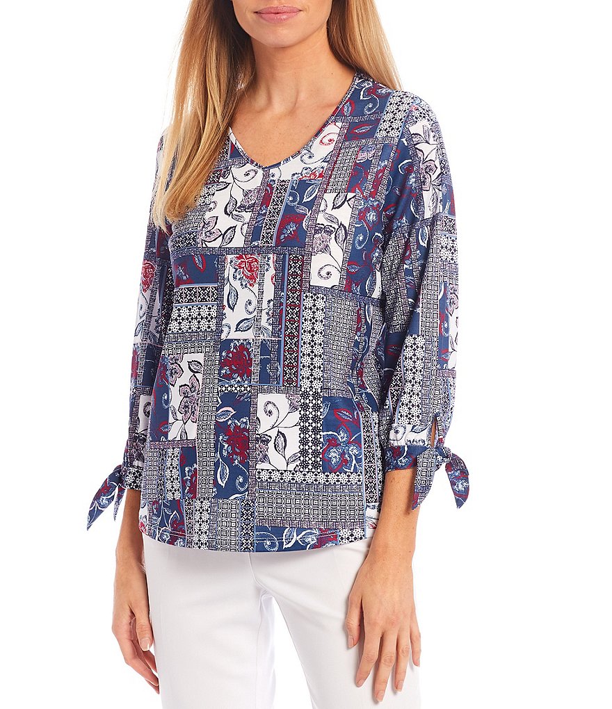 Allison Daley Folk Paisley Patchwork Print Knit Jersey V-Neck 3/4 Tie Sleeve Top
