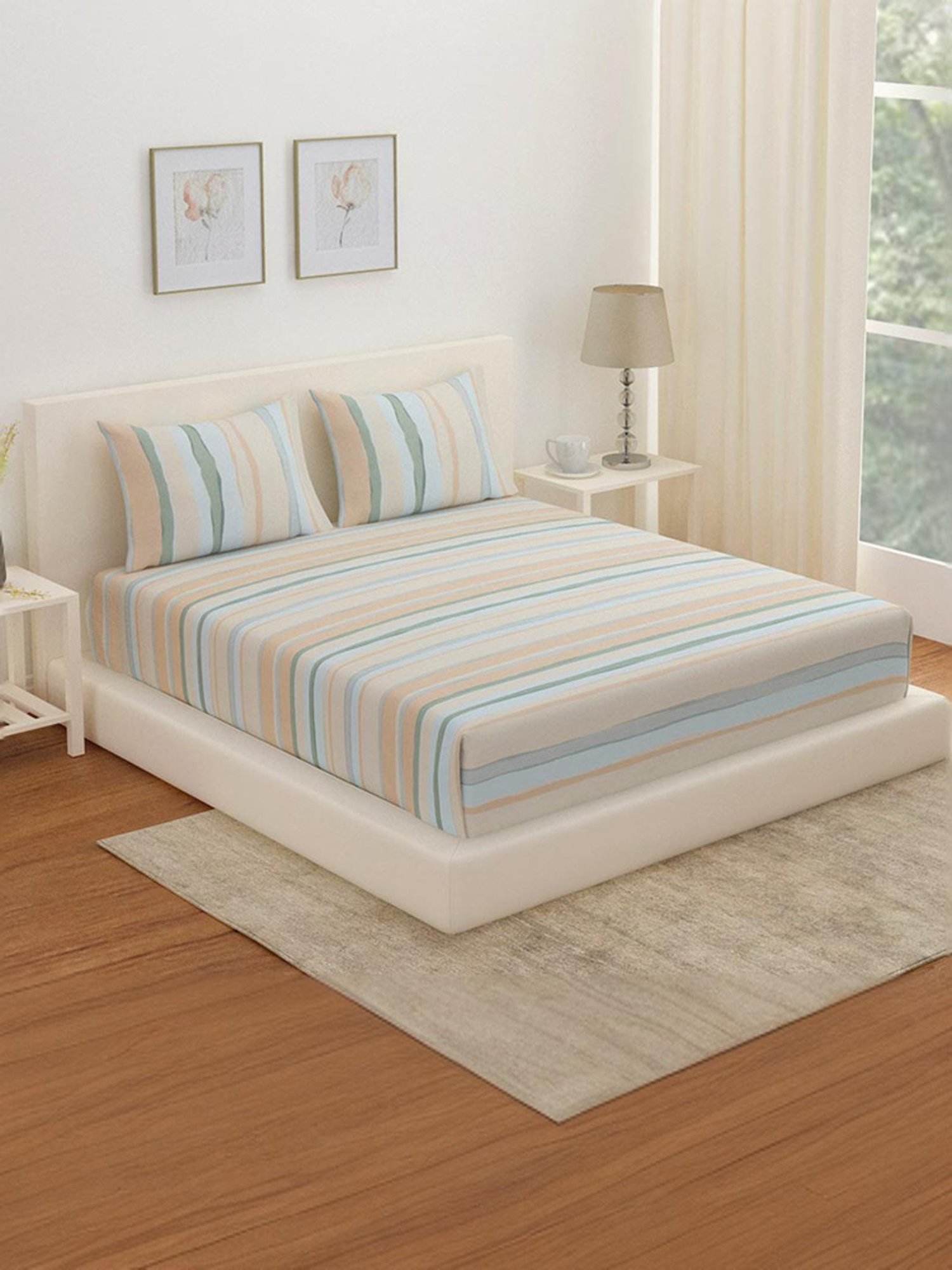 @Home Arias Grey & Blue 225 TC Cotton Satin King Bedsheet with 2 Pillow Covers