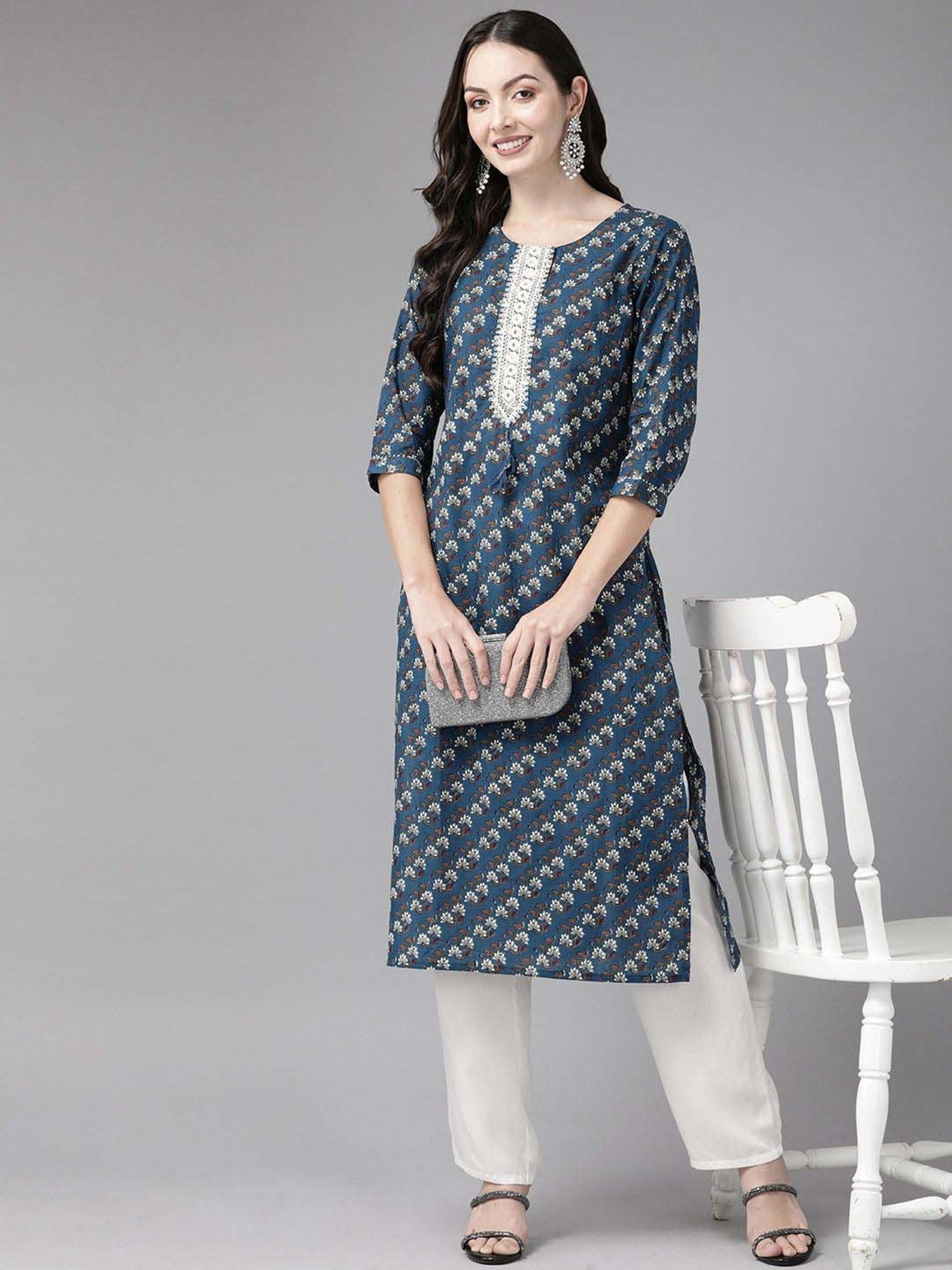 Cayman Blue Cotton Floral Print Straight Kurta