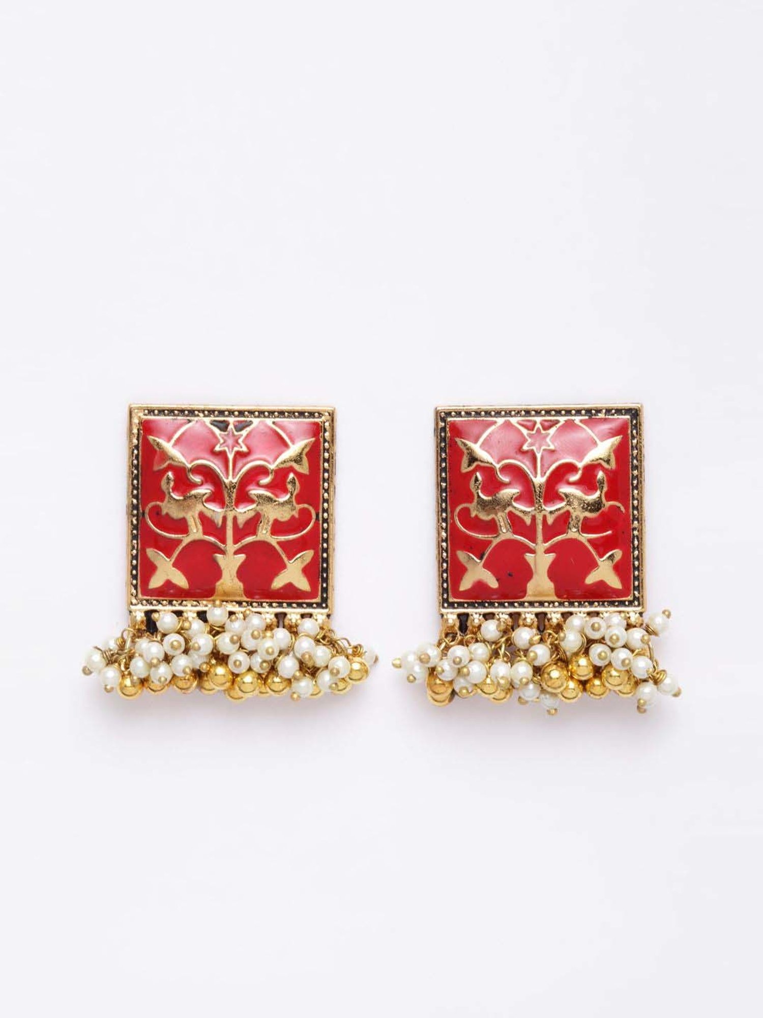 Panash Red Gold-Plated Meenakari Square Shaped Stud Earrings