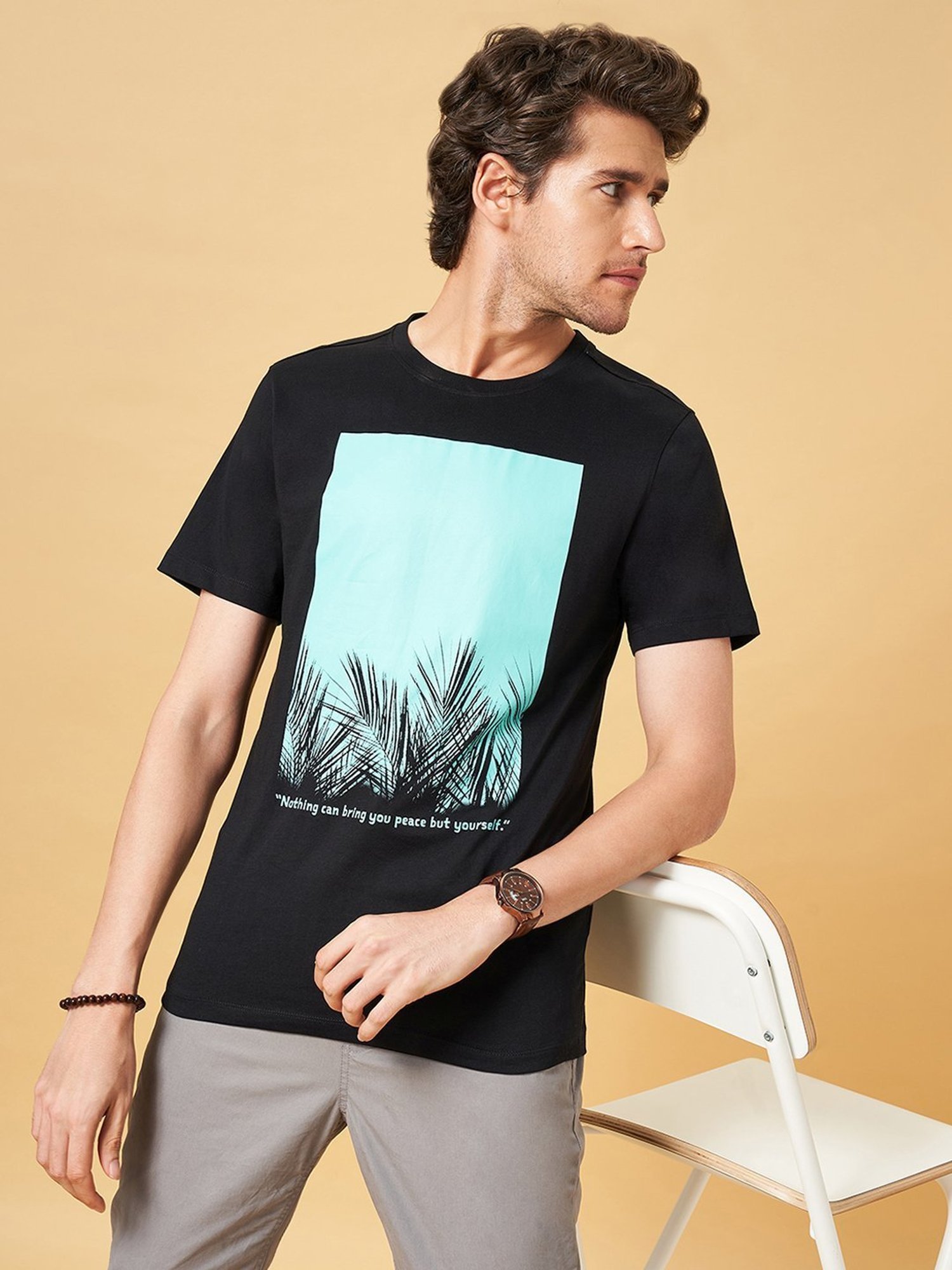 Urban Ranger by Pantaloons Jet Black Cotton Slim Fit Printed T-Shirt