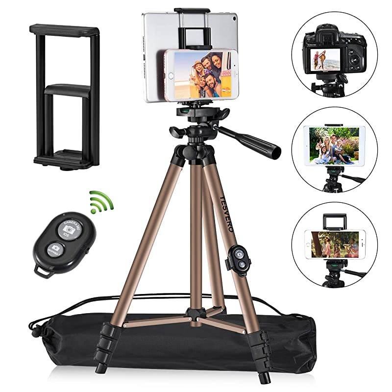 Tripod for iPad iPhone Camera Tablet , 50-inch Aluminum Alloy Tripod + Wireless Remote + 2 in 1 Mount Holder for Smartphone (Width 2.2-3.3"),Tablet (Width 4.3-7.3")