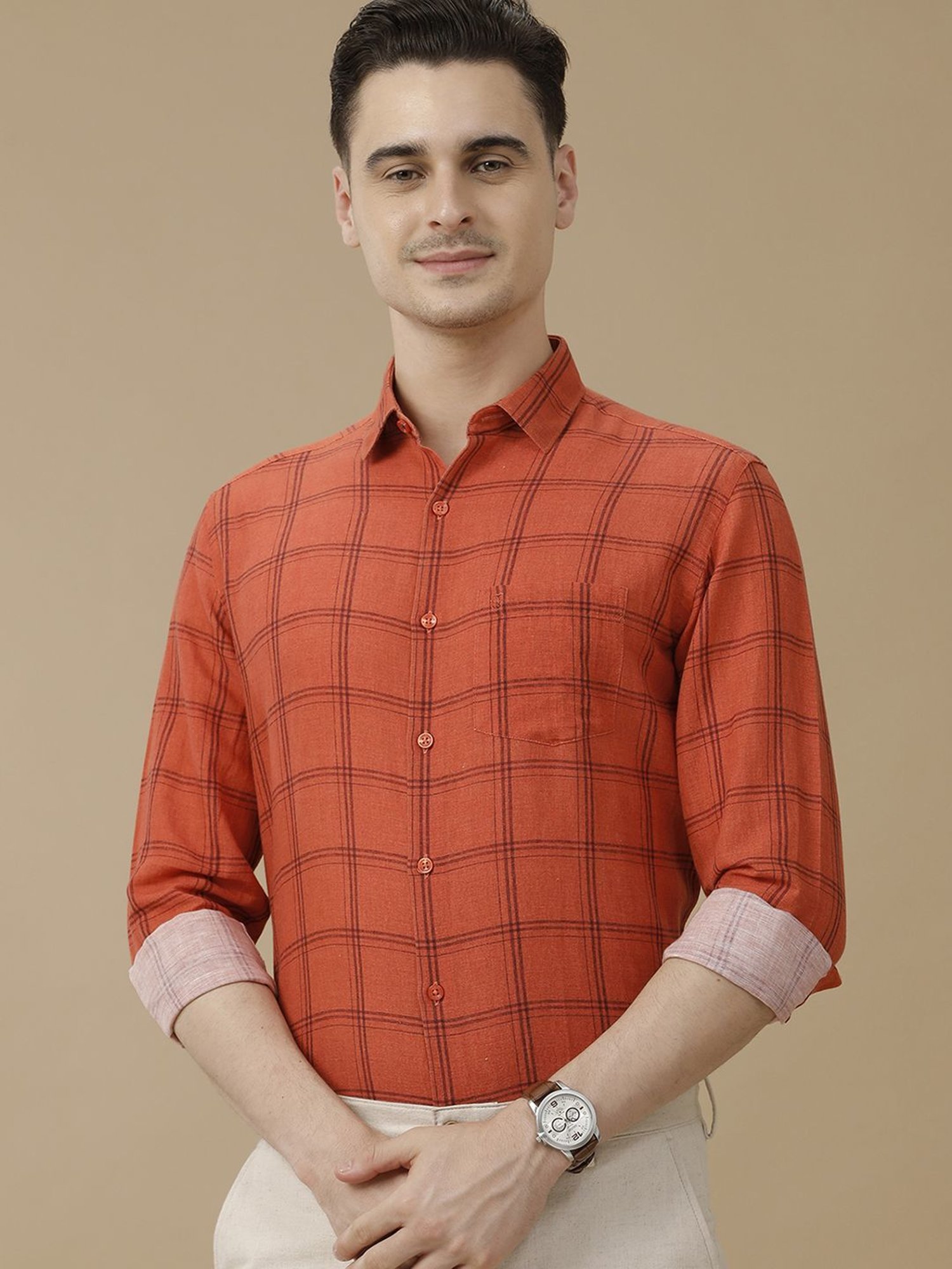 Linen Club Orange Linen Contemporary Fit Checks Shirt