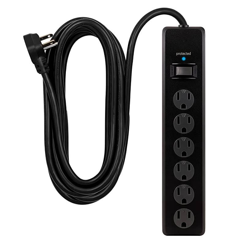 6 Outlet SurProtector 20 Ft Extension Cord Power Strip 800 Joules Flat Plug TwisttoClose Safety Covers Black 50769
