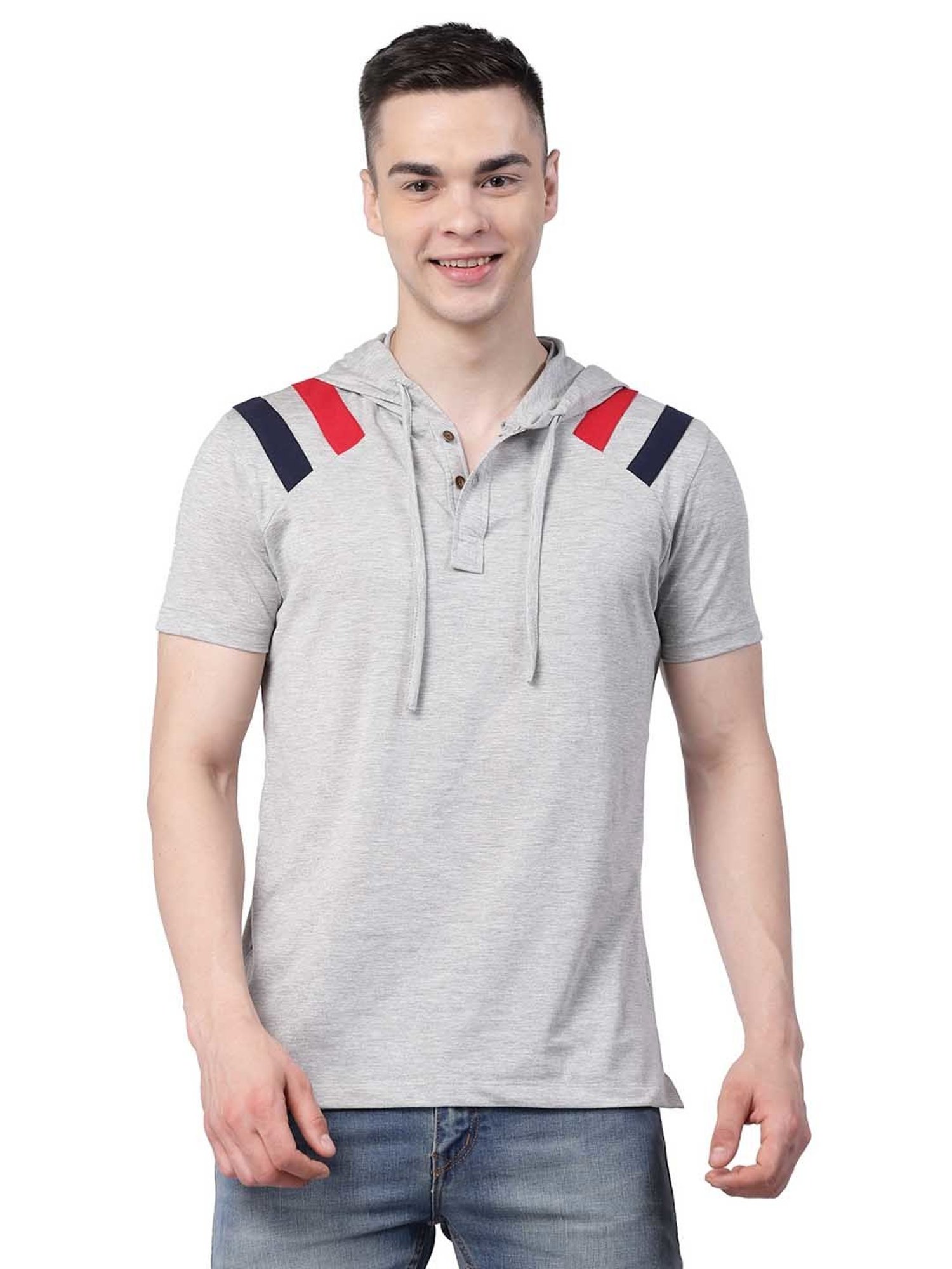 Kalt Light Grey Melange Regular Fit Striped Hooded T-Shirt