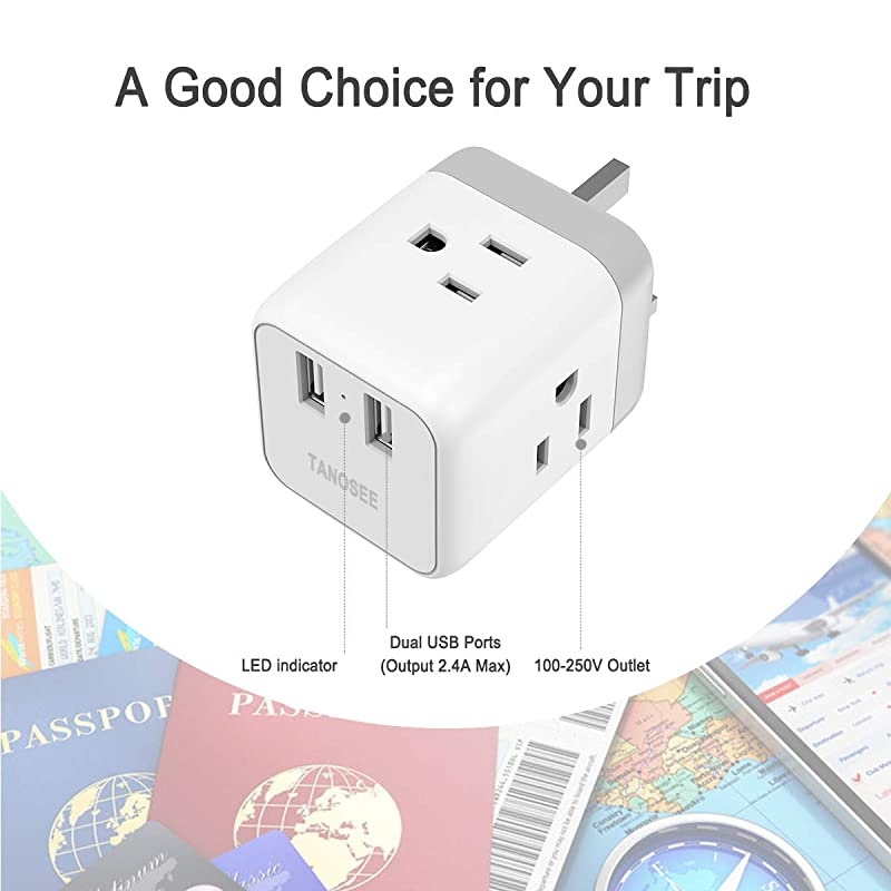UK Ireland London Power Adapter,  UK Travel Plug Adapter with 2 USB Charger and 3 American Outlets, US to British Scotland England Hongkong Adaptor (Type G Plug)
