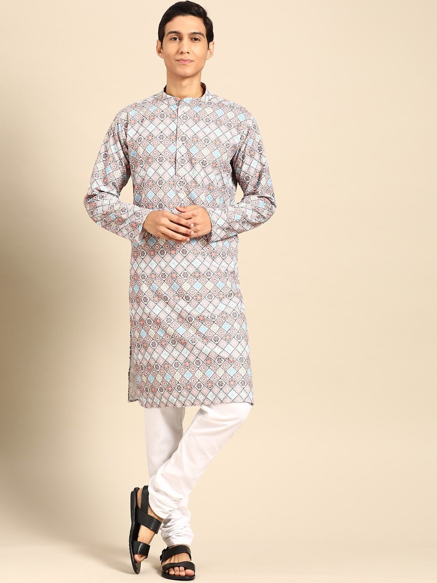 ManQ Multicolored Pure Cotton Regular Fit Embroidered Kurta Bottom Set