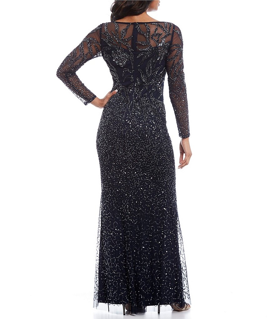 Kay Unger Long Bishop Sleeve V-Neck Crepe A-Line Dress