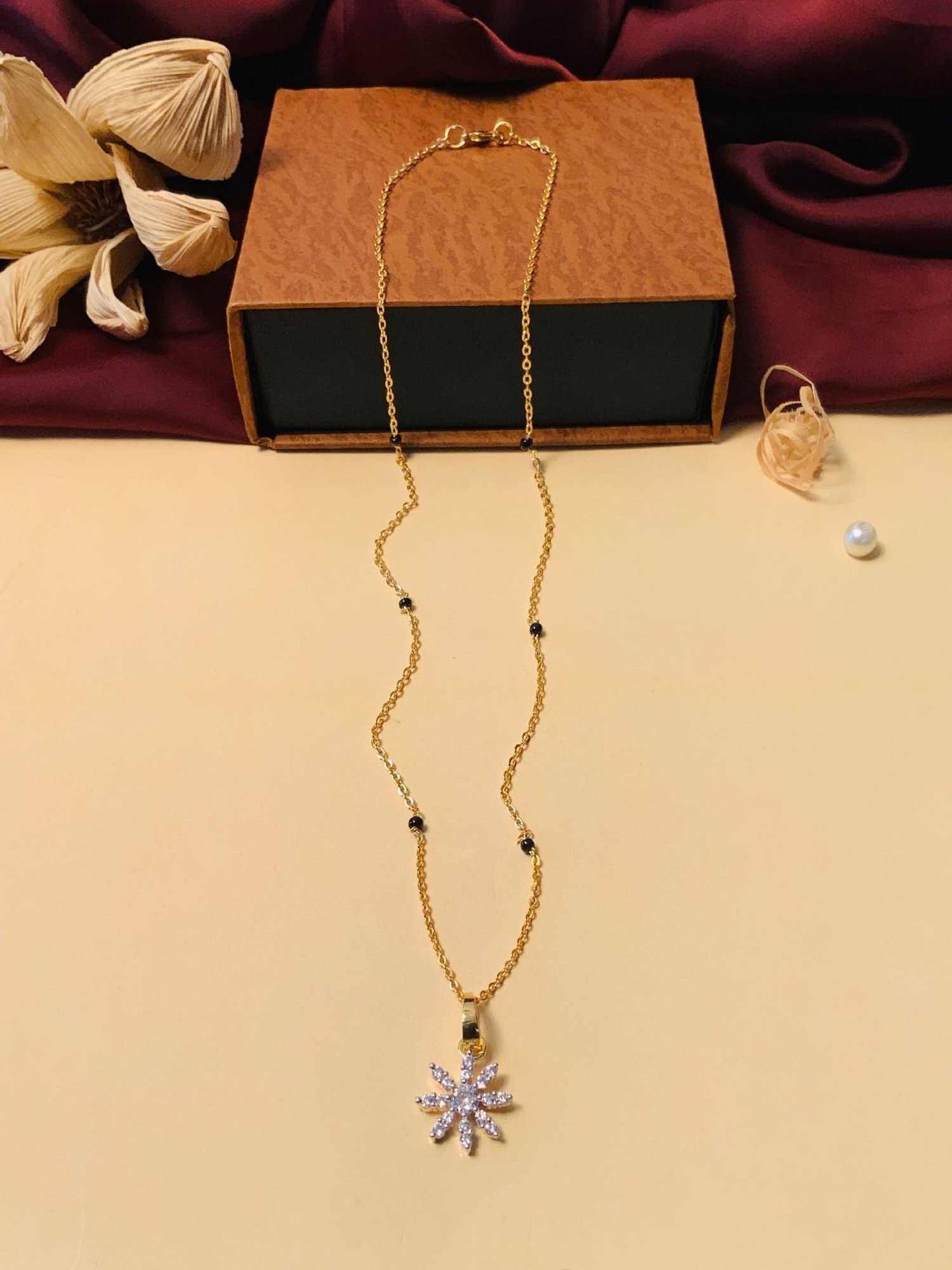 Abdesigns Gold-Plated American Diamond & Black Beaded Mangalsutra