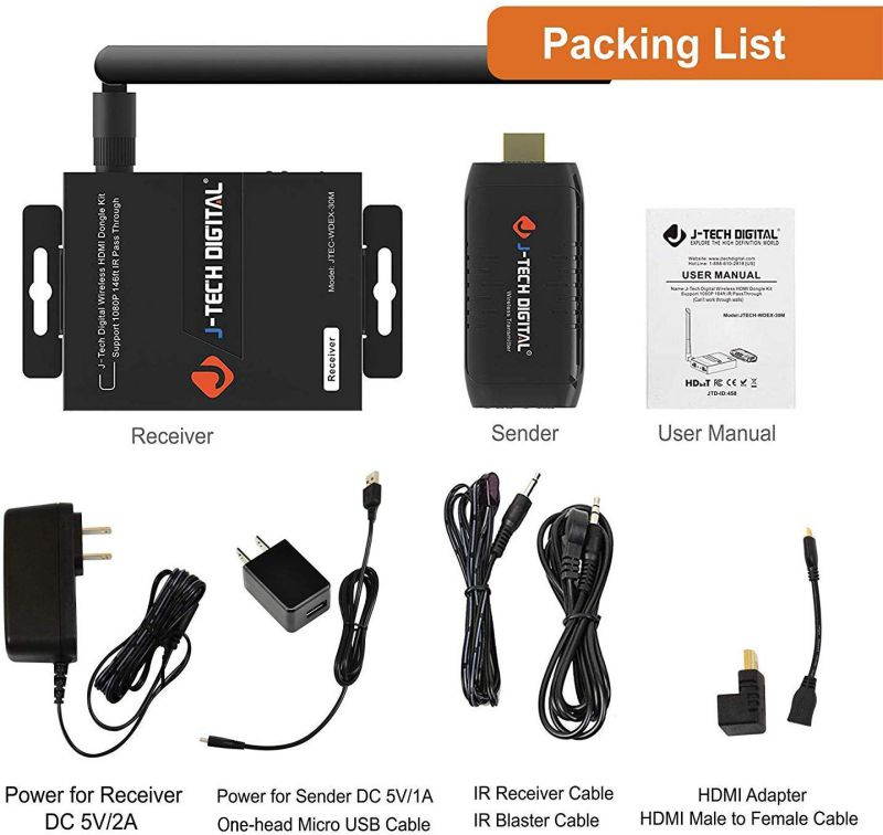 J-Tech Digital Wireless HDMI Dongle/Adapter/Extender Kit Supporting 1080p 100' with IR Passthrough [JTECH-WDEX-50M]
