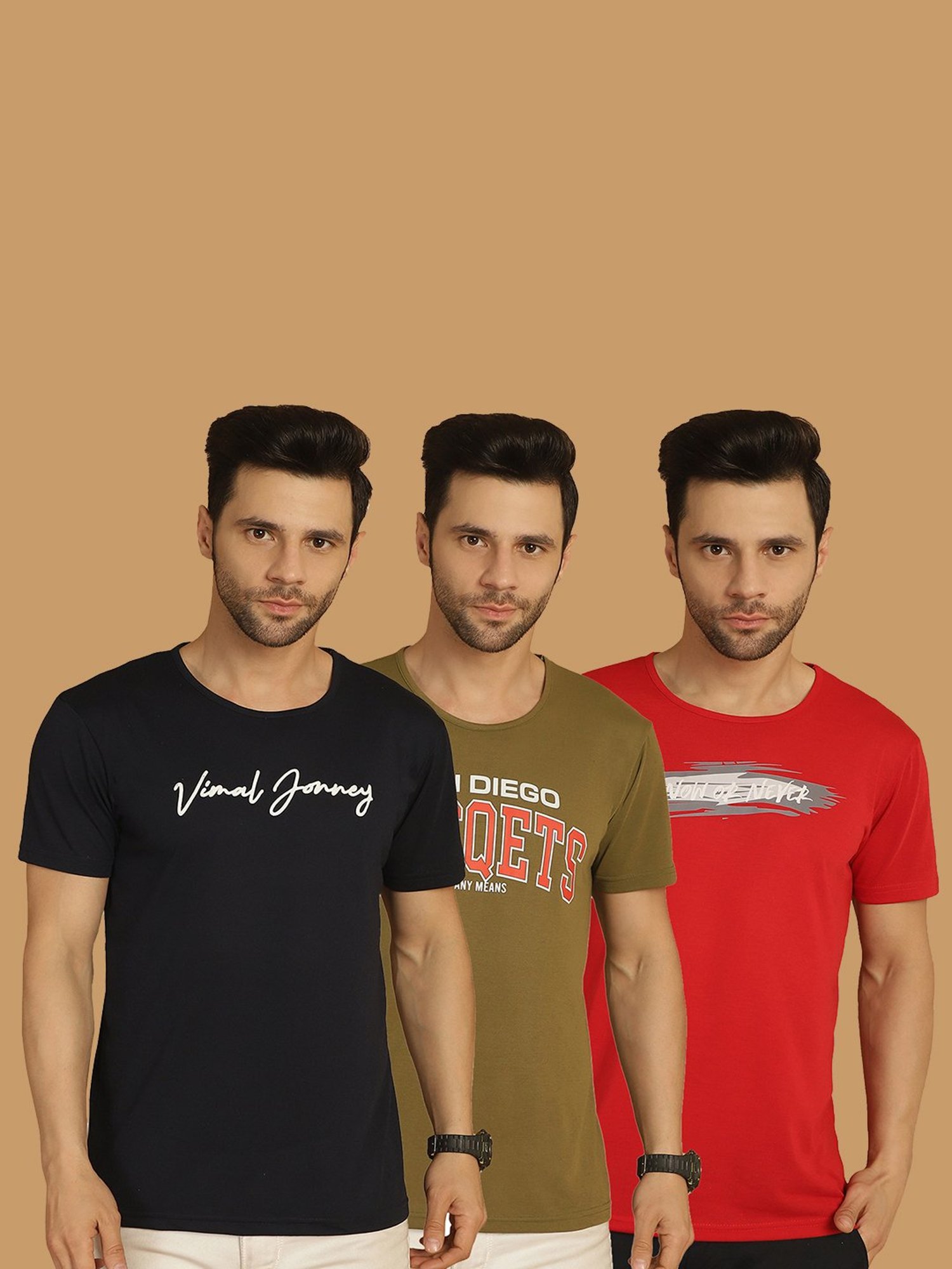 Vimal Jonney Multicolor Regular Fit Printed Crew T-Shirt - Pack of 3