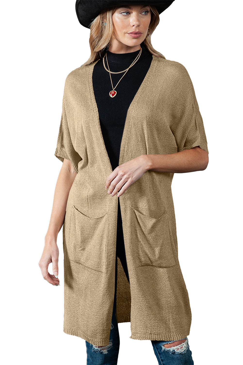 Khaki Dolman Half Sleeve Pocketed Long Cardigan