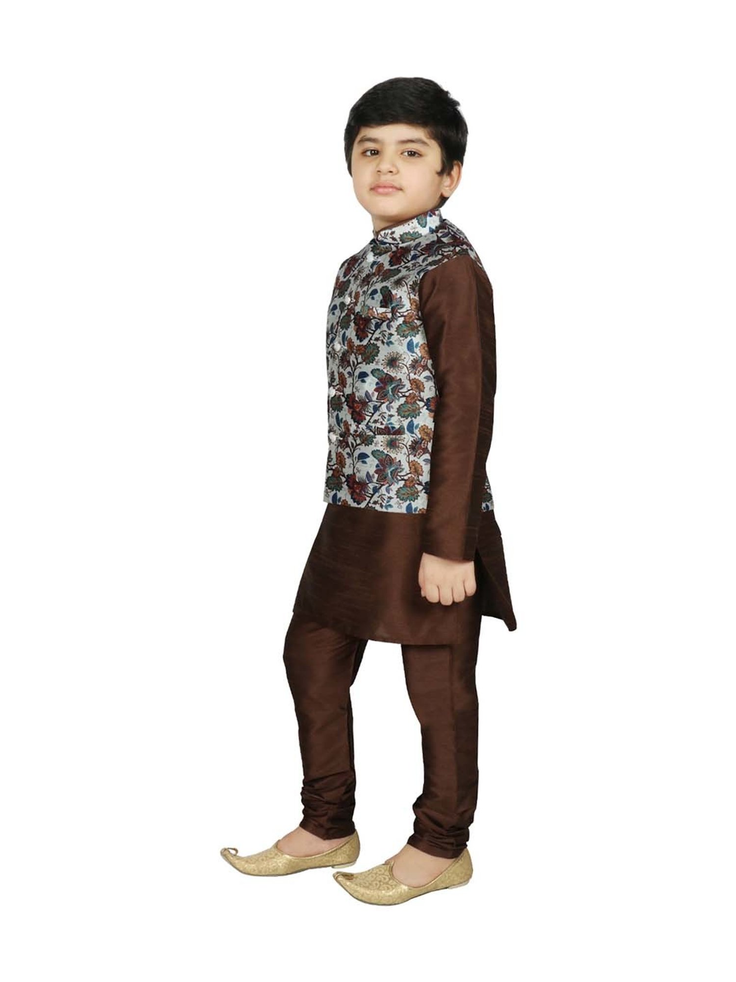 SG Yuvraj Kids White & Brown Floral Print Full Sleeves Kurta Set