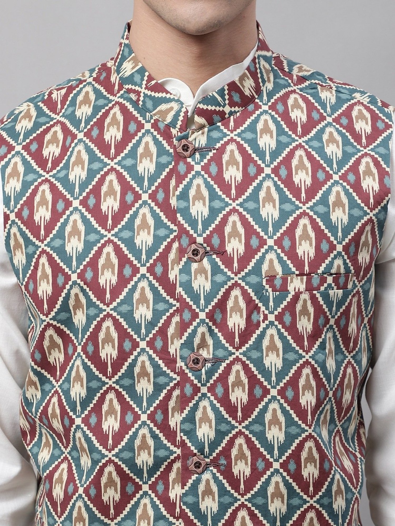 Jompers Teal & Red Regular Fit Printed Nehru Jackets
