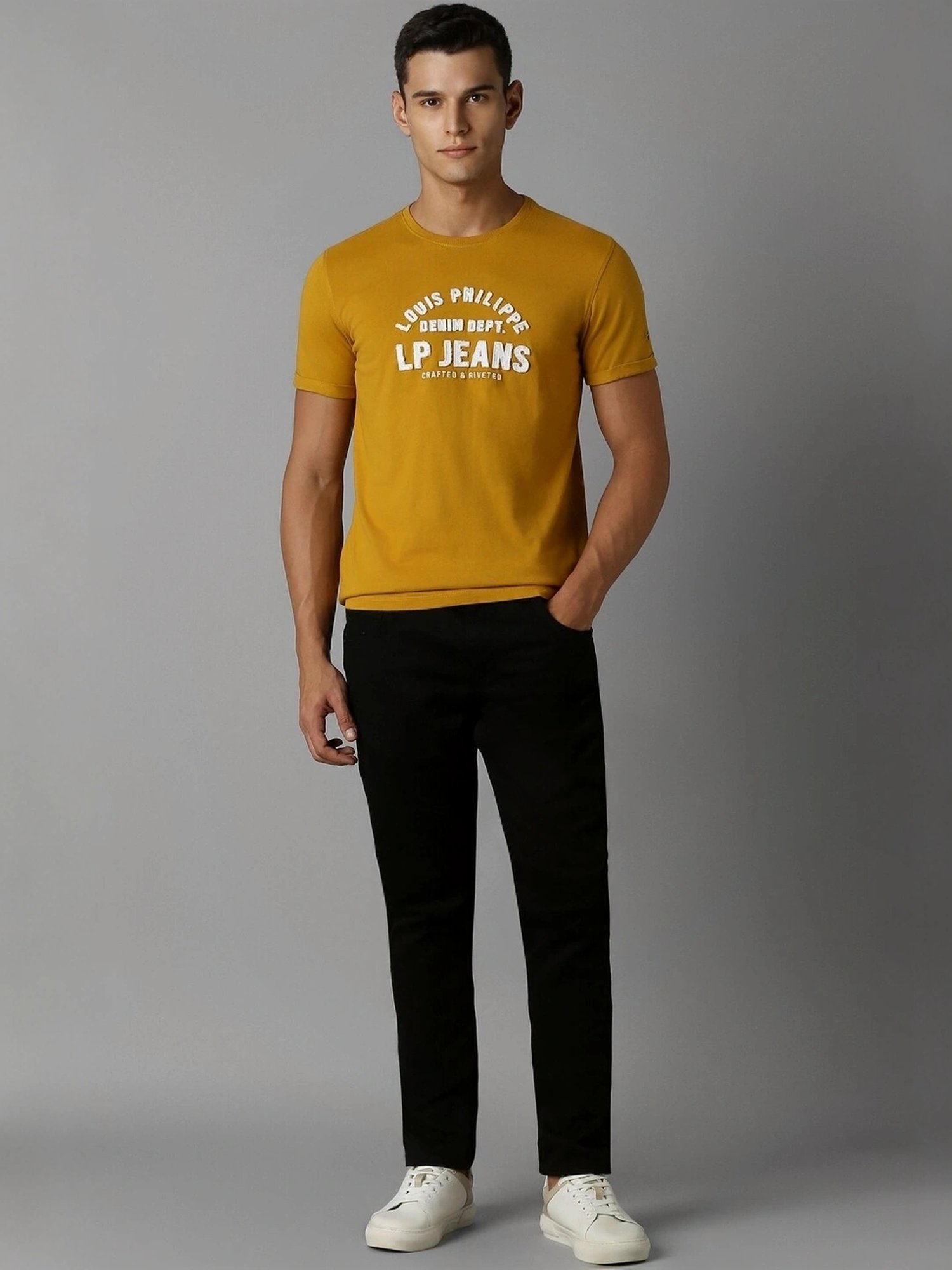 Louis Philippe Yellow Cotton Slim Fit Printed T-Shirt