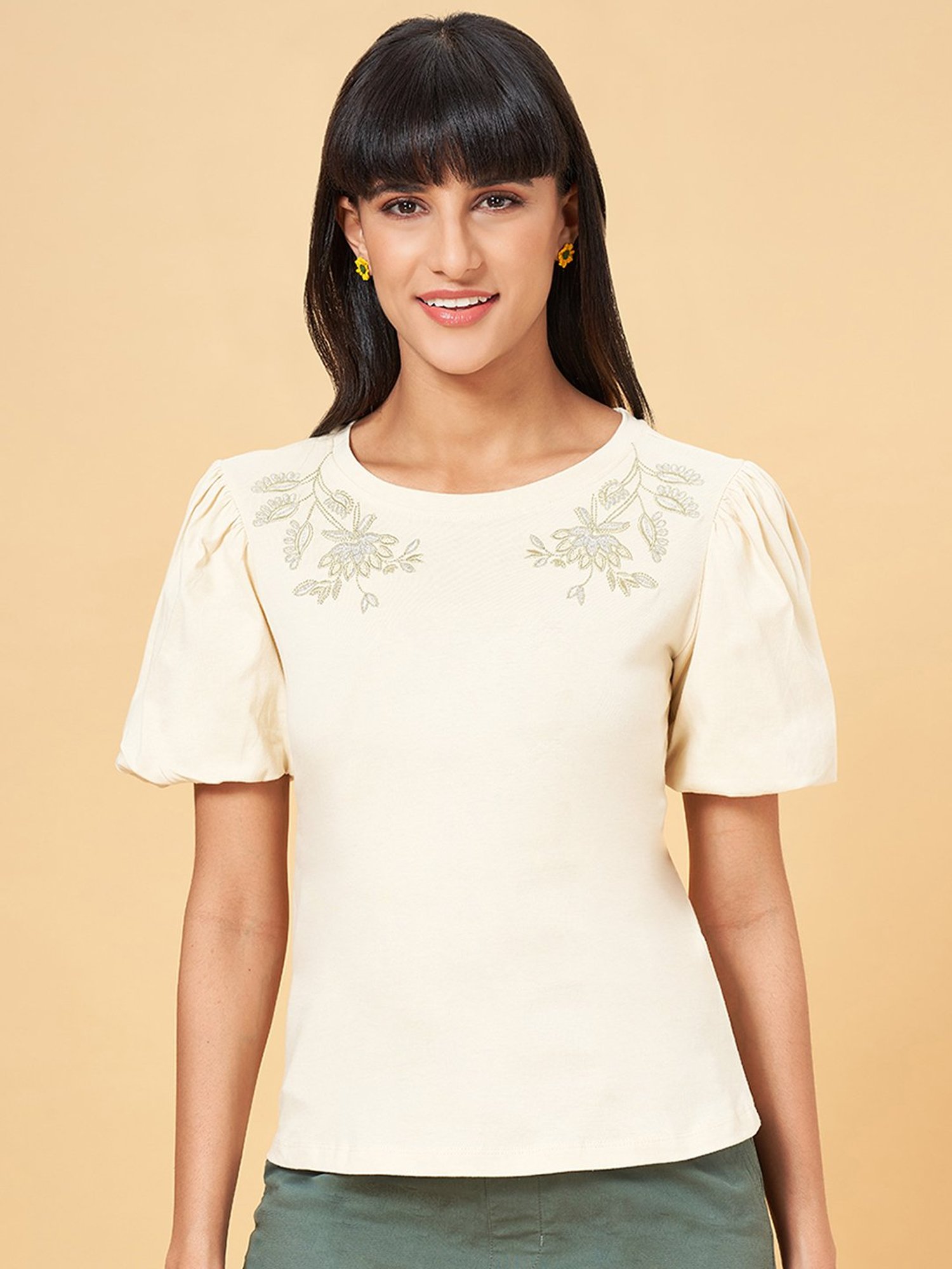 Honey by Pantaloons Off-White Cotton Embroidered Top