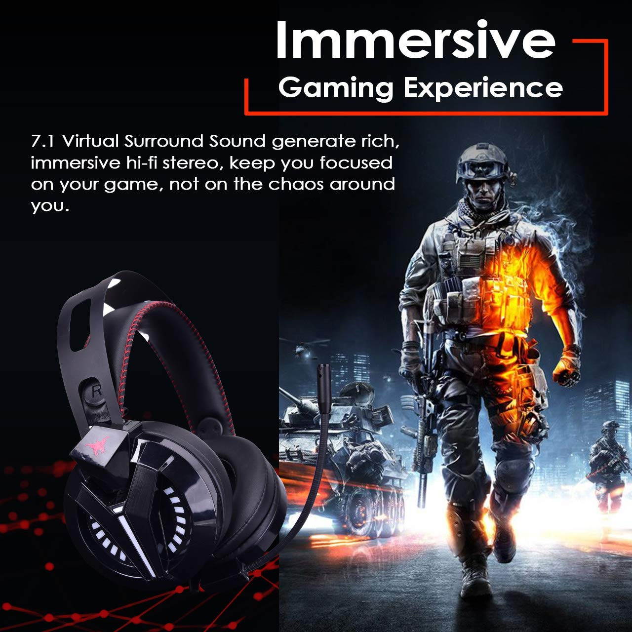 COMBATWING Lightning II Gaming Headset with Noise-Cancelling Mic&7.1 Surround Sound, Advanced Lightweight Headphones with Memory Earmuffs, LED Light, Mic/Volume Control for PS4, Xbox One, PC, Switch