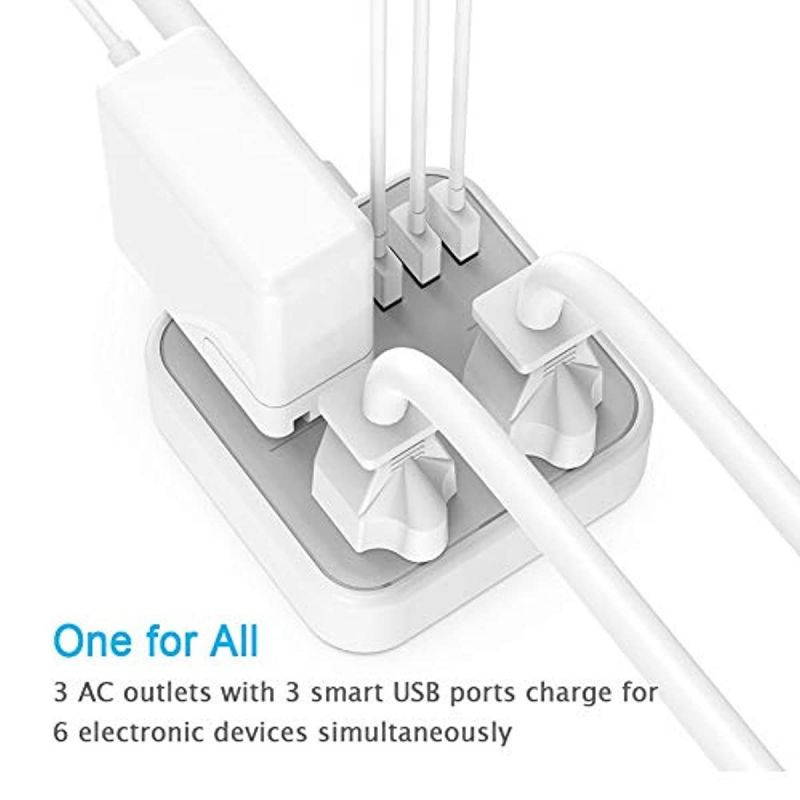 Power Strip with USB, TESSAN Flat Plug Extension Cord with 3 USB Ports, Mini Travel Power Strip with 3 Widely Spaced Outlets, 5 Feet Cord, Compact for Dorm Essentials, Cruise Ship, Hotel, Home, Gray