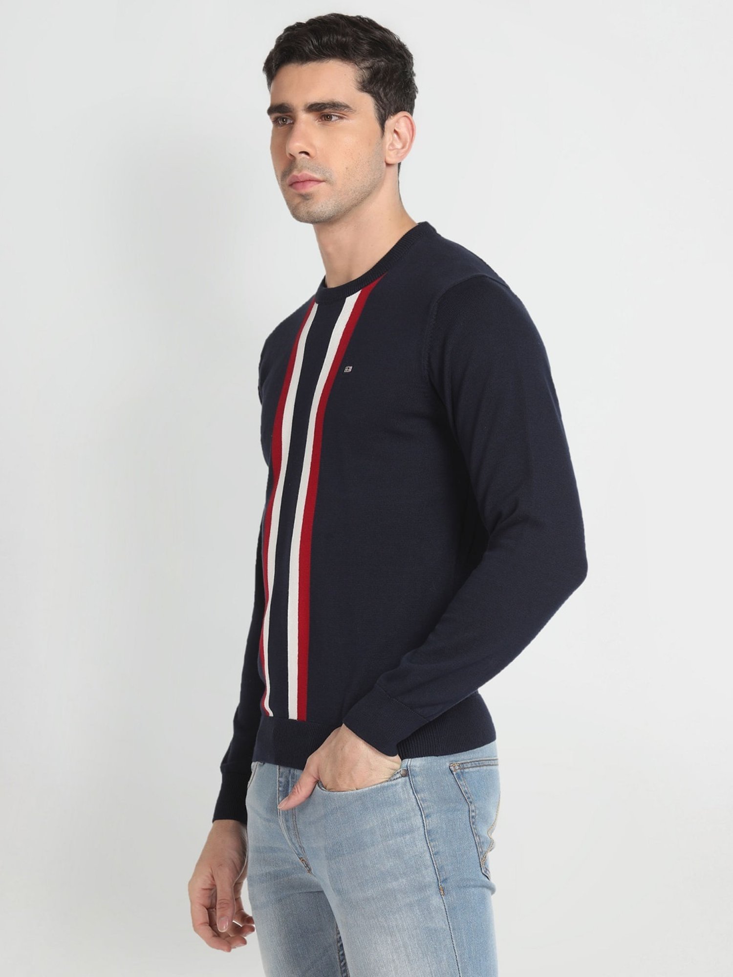 Arrow Sport Navy Cotton Regular Fit Striped Sweater