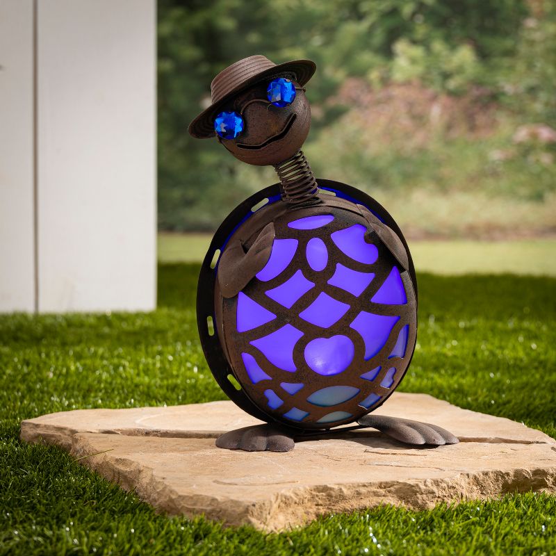 Garden Meadow 14.5-Inch High Solar-Powered Metal Turtle Figurines, Set of 2.