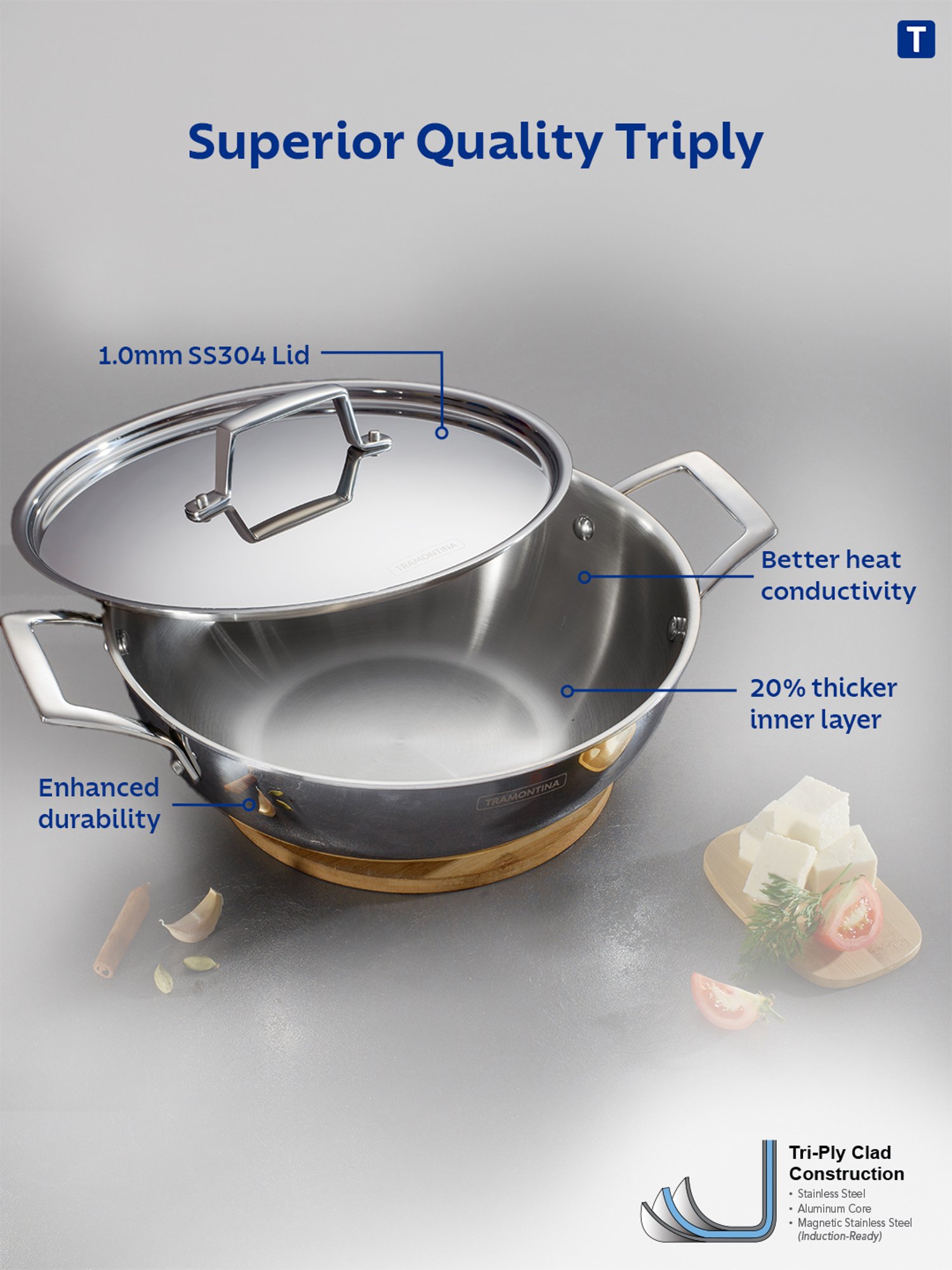 Tramontina Aeion Triply Non-Toxic Stainless Steel Kadai with lid 24cm/2.6L NSF Certified