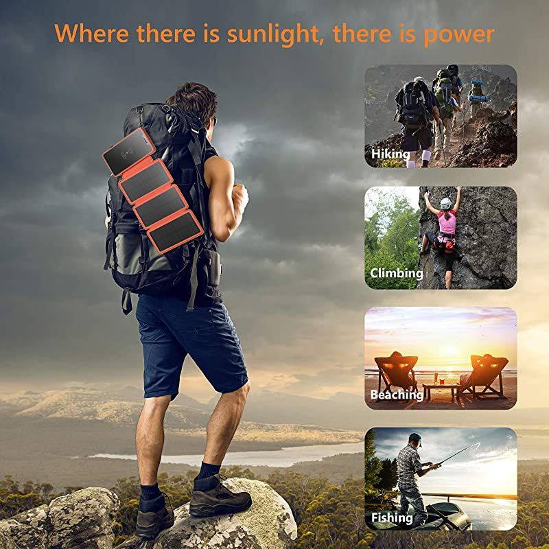 Charger 20000mAh 45W Wireless Charger Portable Power Bank External Battery Pack with 3 Panels Flashlight Dual 5V21A USB Port IP65 Rainproof for Camping Hiking FishingOrange