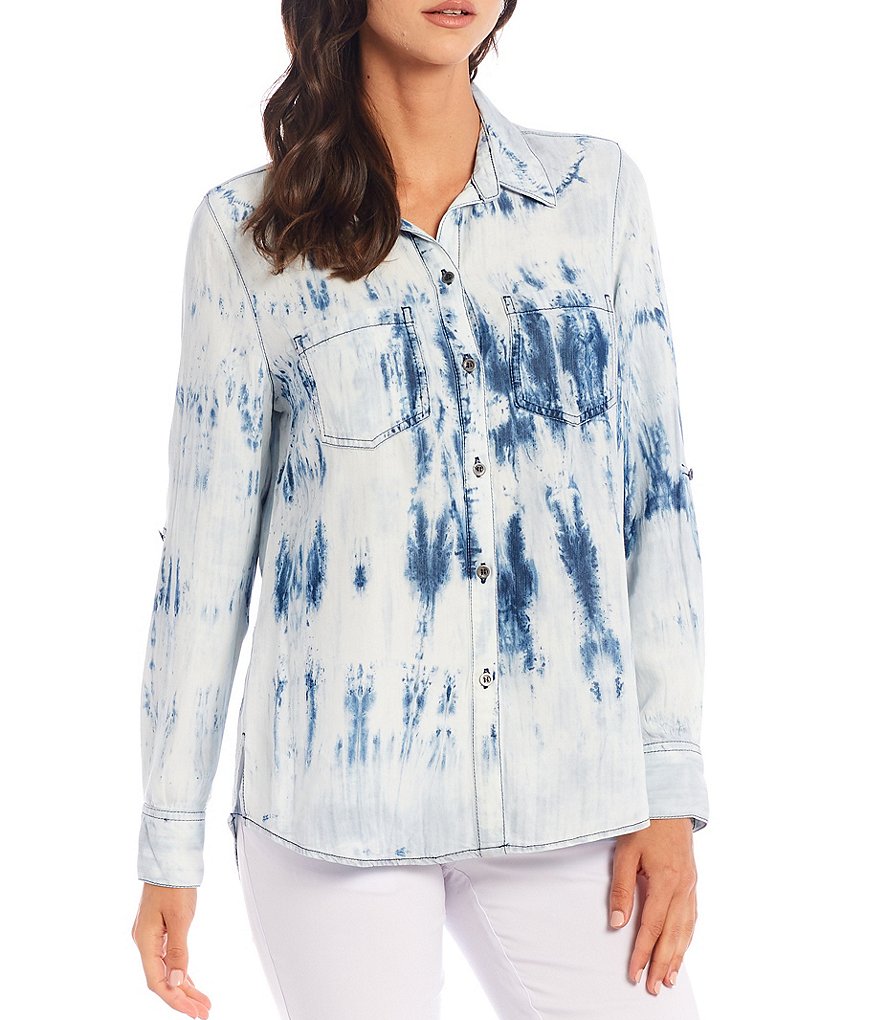 Multiples Tie Dye Denim Tencel Roll-Tab Sleeve Button Down Hi-Low Shirt