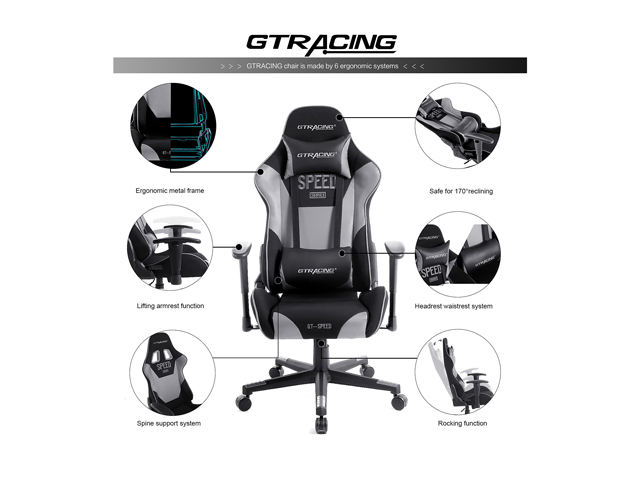 GTRACING Ergonomic Office Chair - Racing Seat, Height Adjustment, Pillows, Recliner, Swivel Rocker Tilt, for E-Sports, Computers, and Gaming