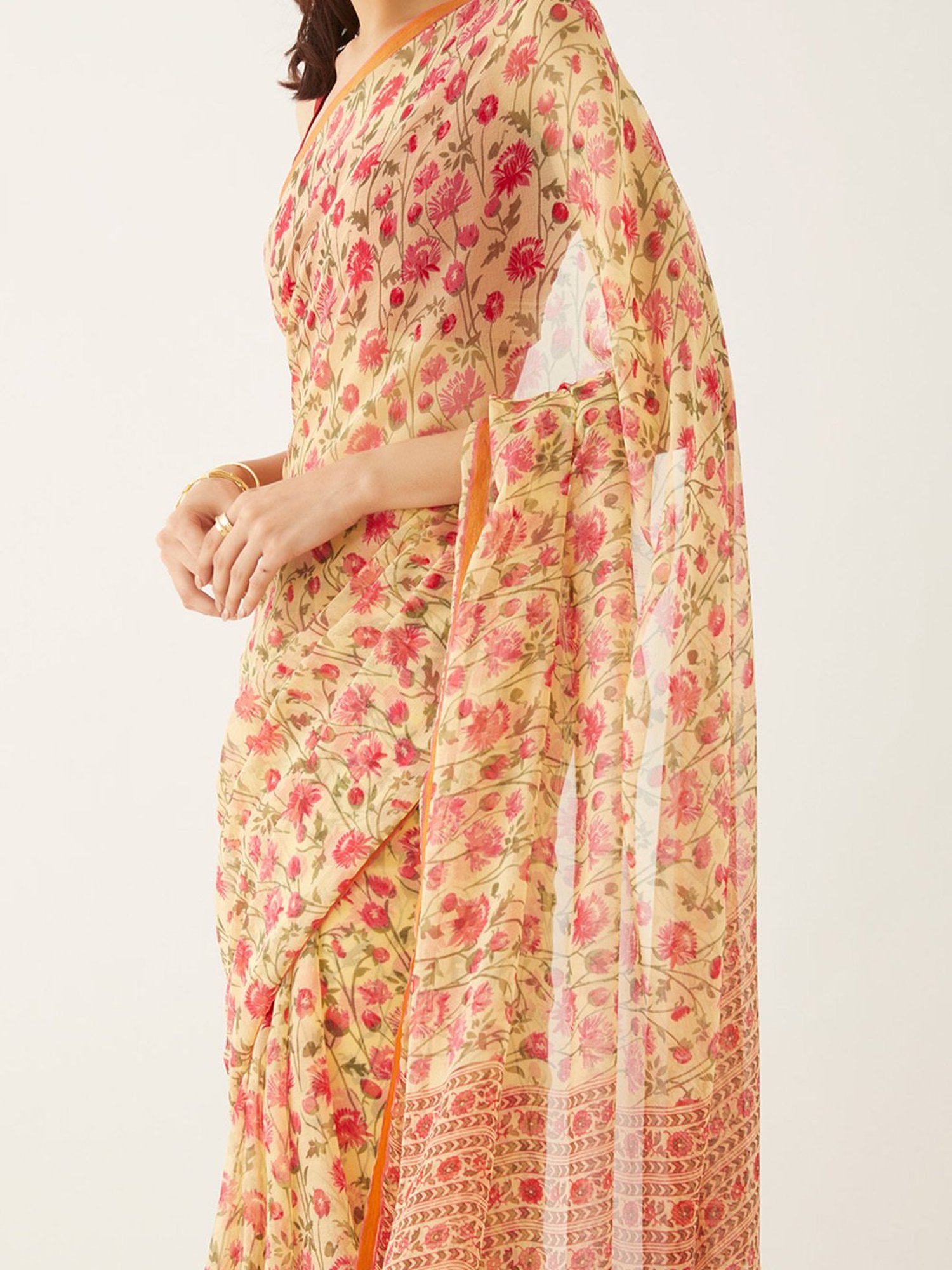 Taneira Light Yellow Floral Print Saree With Unstitched Blouse