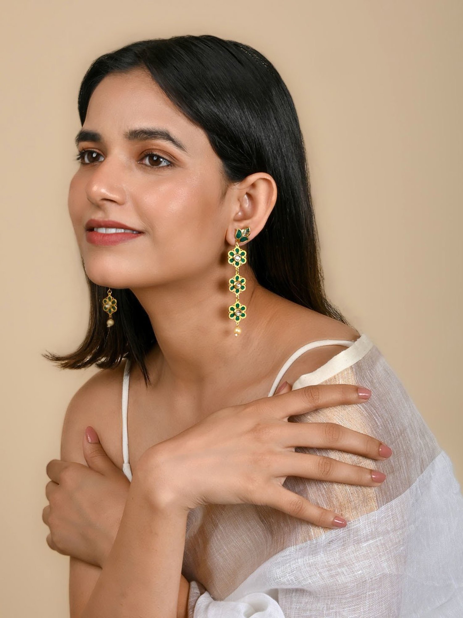 Teejh Daivey Dark Green & Golden Dangler Earrings