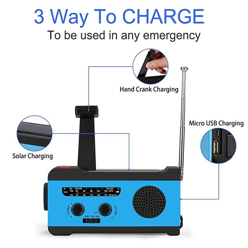 Solar Hand Crank NOAA Weather Radio, Emergency Radio with LED Flashlight and 2000mAh Portable Smart Phone Charger