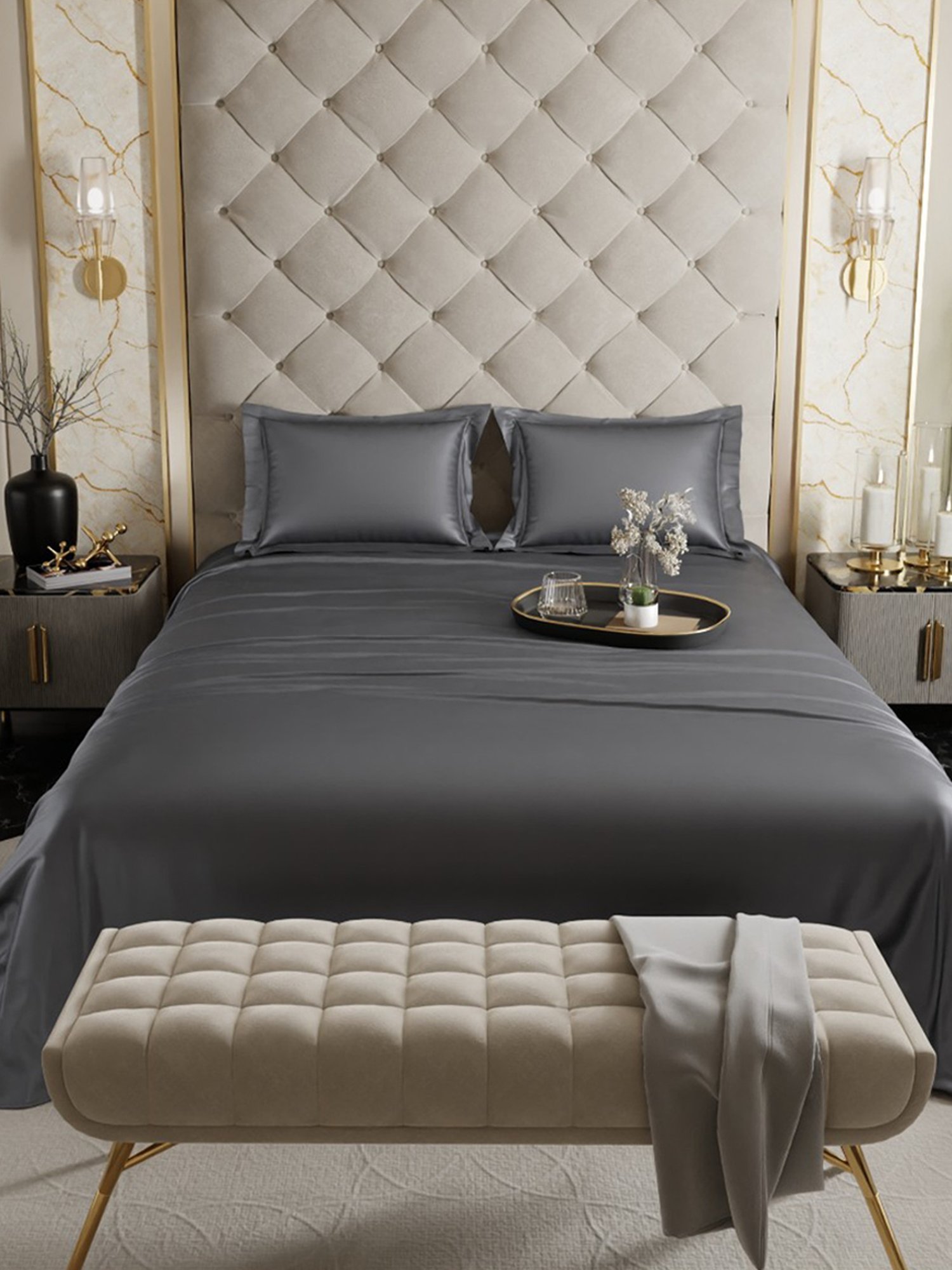 Stoa Paris Date Night Twilight Embrace Polyester 300 TC Double Bed Sheet With 2 Pillow Covers