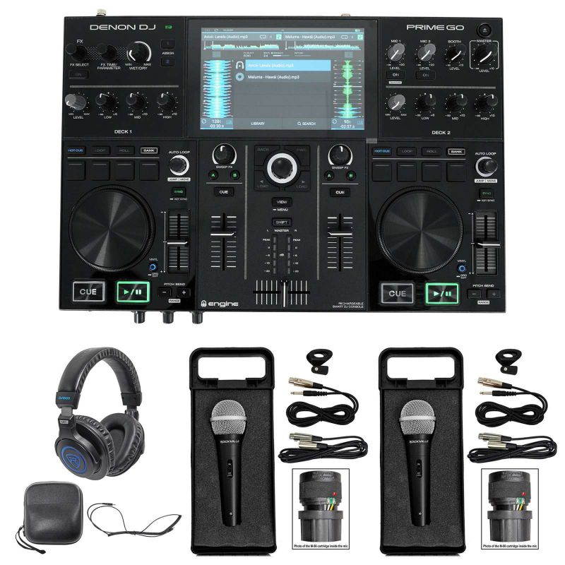 Denon PRIME GO 2-Deck Rechargeable Smart DJ Controller+Headphones+2) Microphones