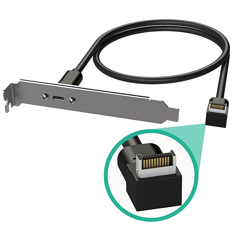 USB-C Type Panel Cable Mount Motherboard Header Extension Adapter | Internal 3.1 10G Gen 2 20-Pin A-Key Male with Cover to USBC Female Connector with PCI Bracket Right Angle Connector - 80CM