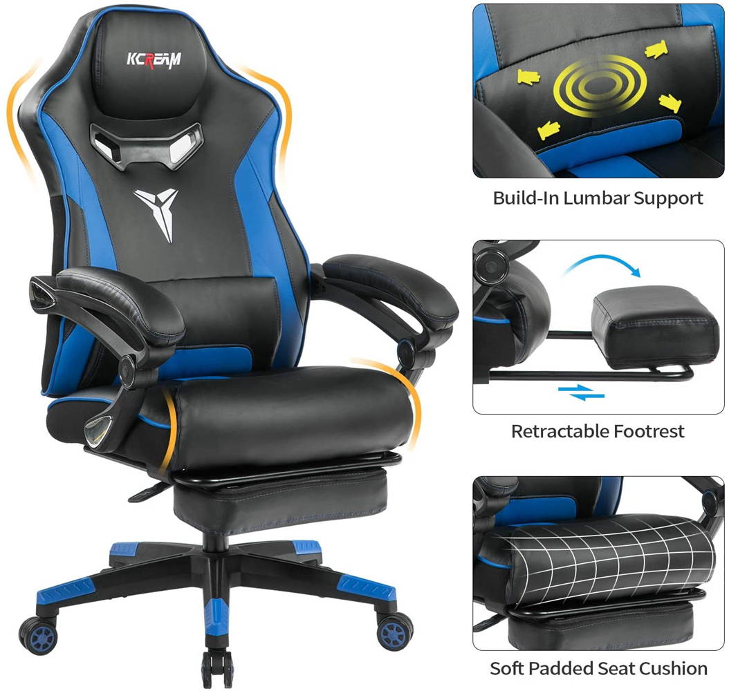 KCREAM Racing Style PC Gamer Chair Large Size Ergonomic Computer Chair with Build-in Lumbar Support Footrest and Adjustable Recliner High Back PU Leather Gaming Chair for Adult