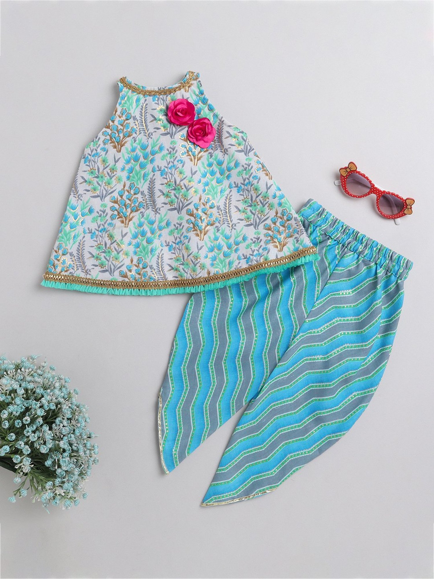 Many Frocks Kids White & Blue Embellished Top with Dhoti