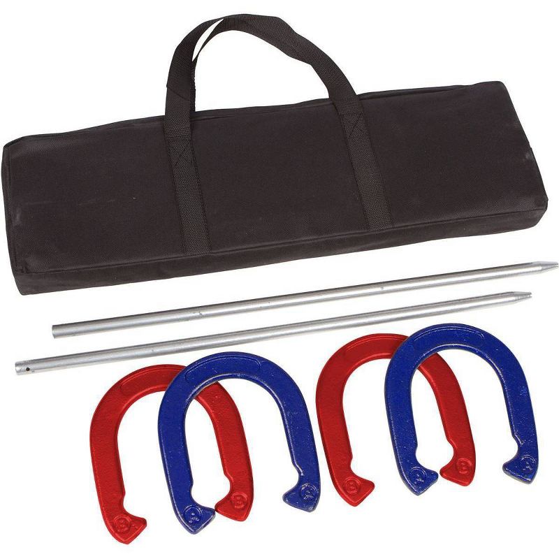 Trademark Innovations Powder Coated and Waterproof Steel Pro Horseshoe Set with Carry Case - Red/Blue