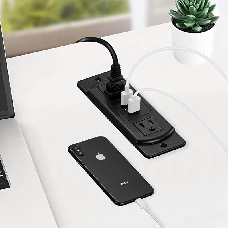 Conference Recessed Power Strip Socket with USB Ports  Desktop Power Grommet Table Power Strip Desktop Charging Station with 2Outlets and 2 USB Ports 10Ft Extension Power Cord
