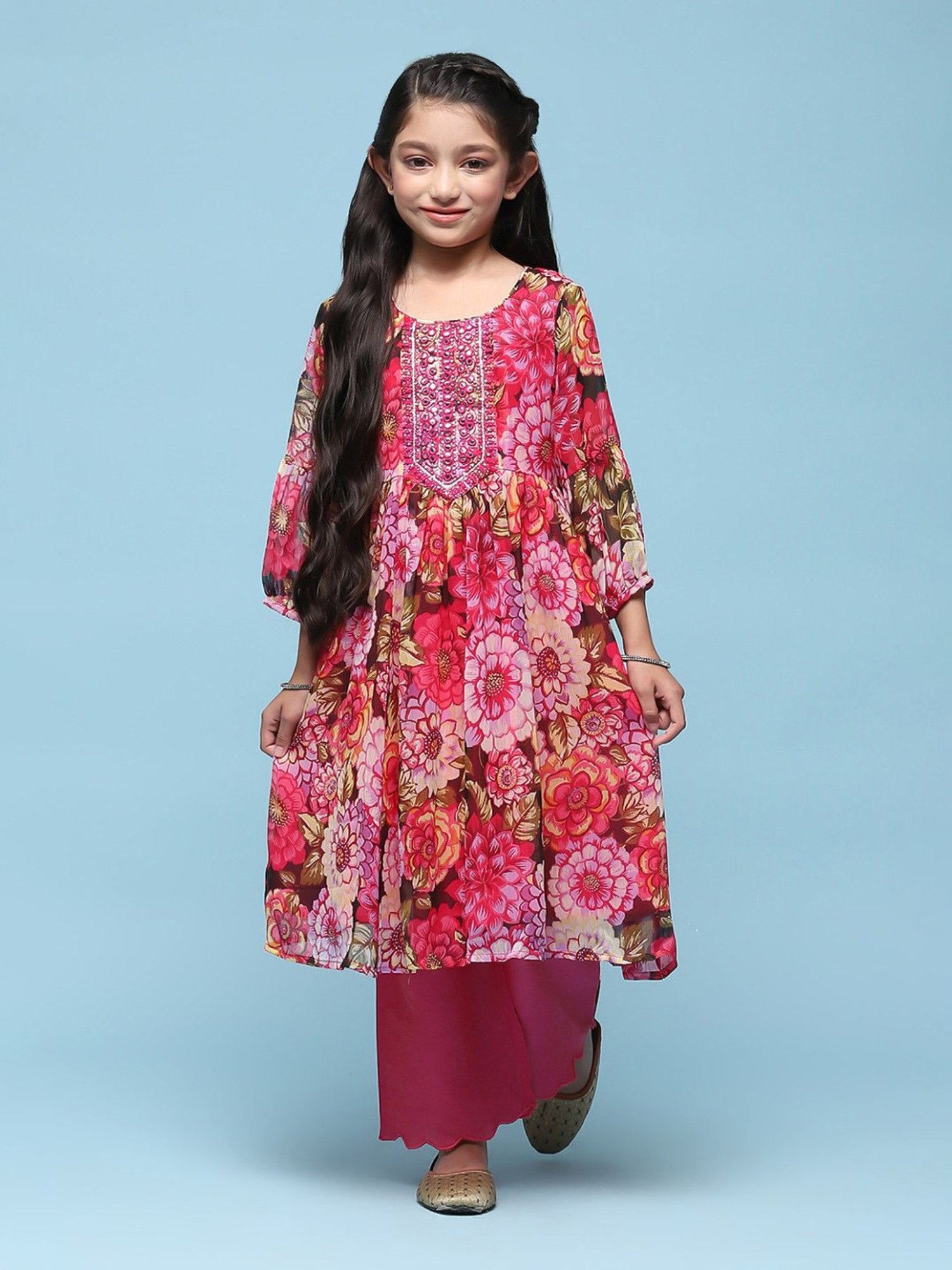 BIBA Girls Kids Pink Floral Print Kurta Set