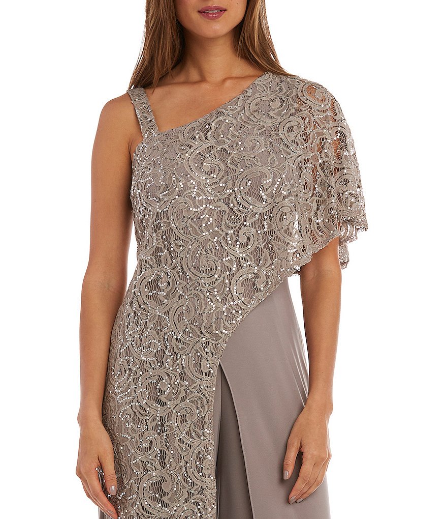 R & M Richards Embroidered Sequin One Shoulder Jumpsuit