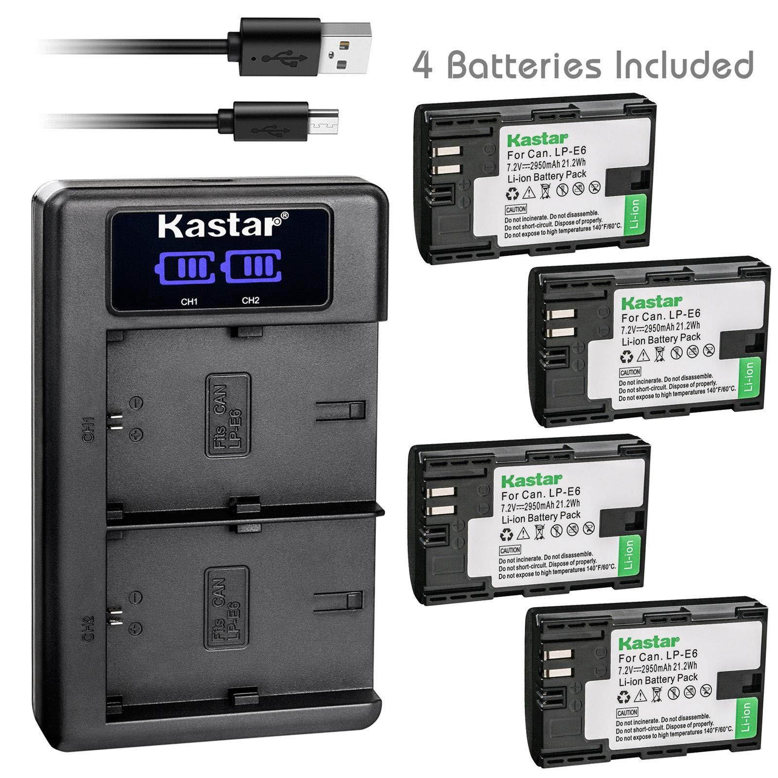 Kastar USB LCD Dual Charger and 4 Pack Battery for Canon LP-E6 LP-E6N, LC-E6 LC-E6E, Blackmagic Design Pocket Cinema Camera 4K, Marshall On-Camera HDMI Monitor, IKAN On-Camera HDMI Monitor