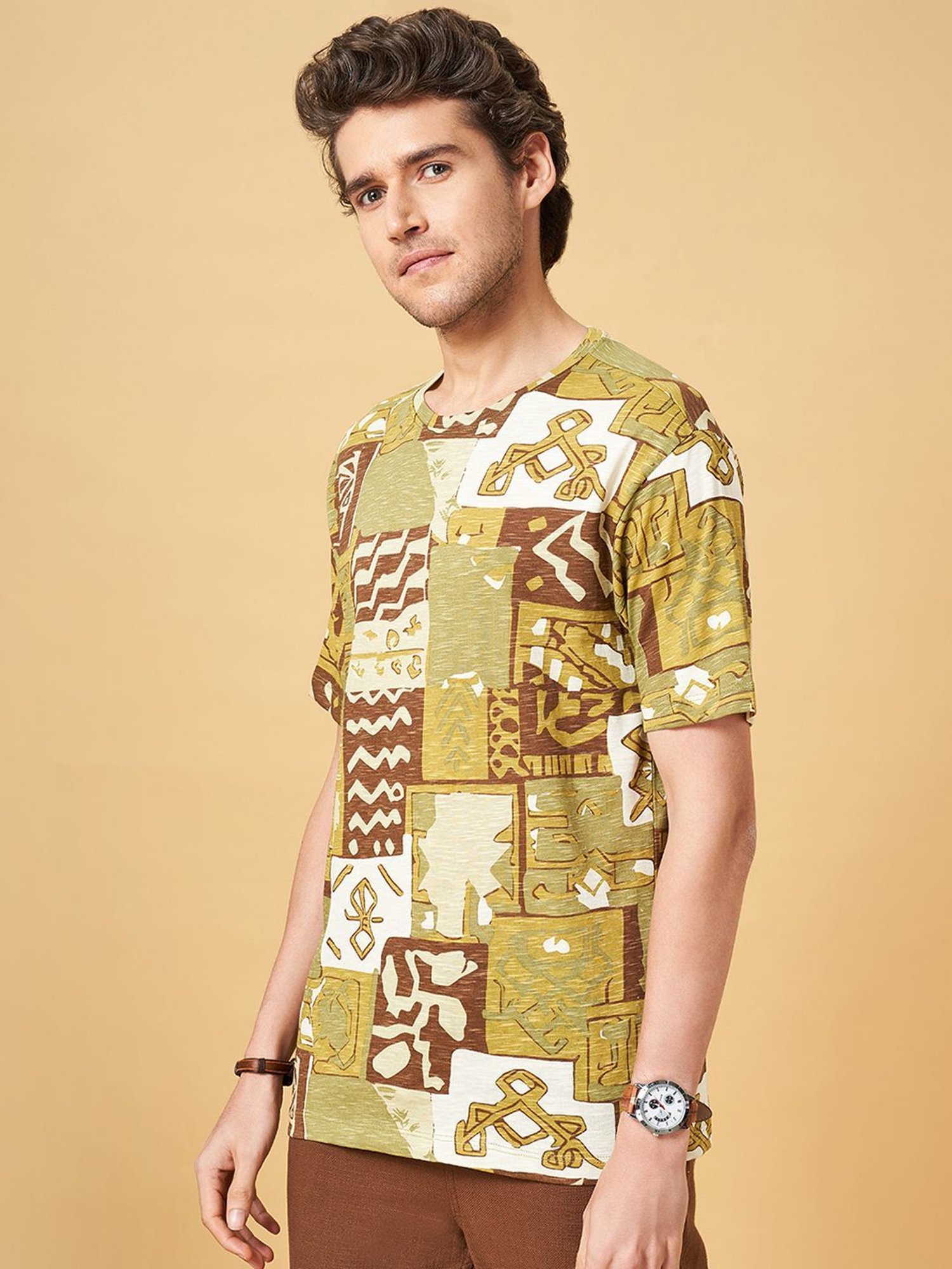 7 Alt by Pantaloons Light Green Cotton Relaxed Fit Printed T-Shirt