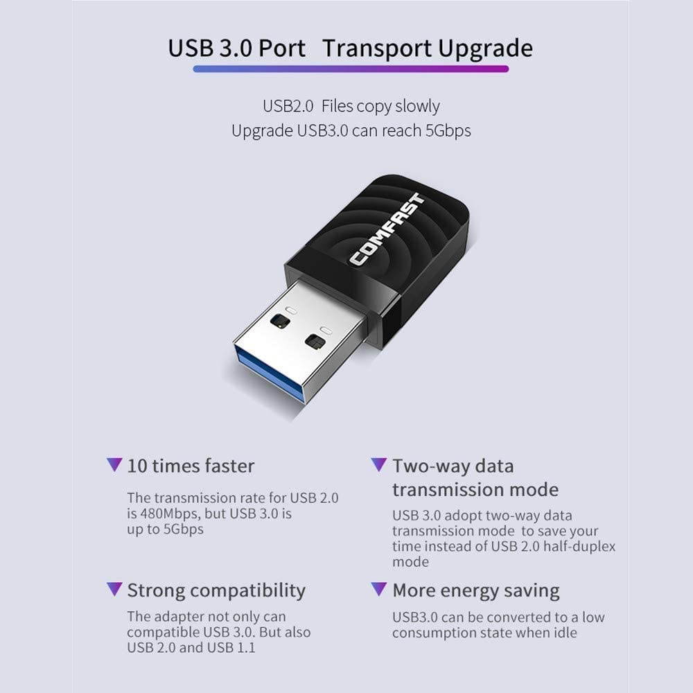 WiFi Adapter,5GHz WiFi Dongle USB 3.0 1300Mbps Dual Band 2.4GHz 5GHz Mini Wireless Network USB Wifi Adapter for PC Desktop Laptop, Support Windows XP/7/8/8.1/10, MacOS 10.9-10.14