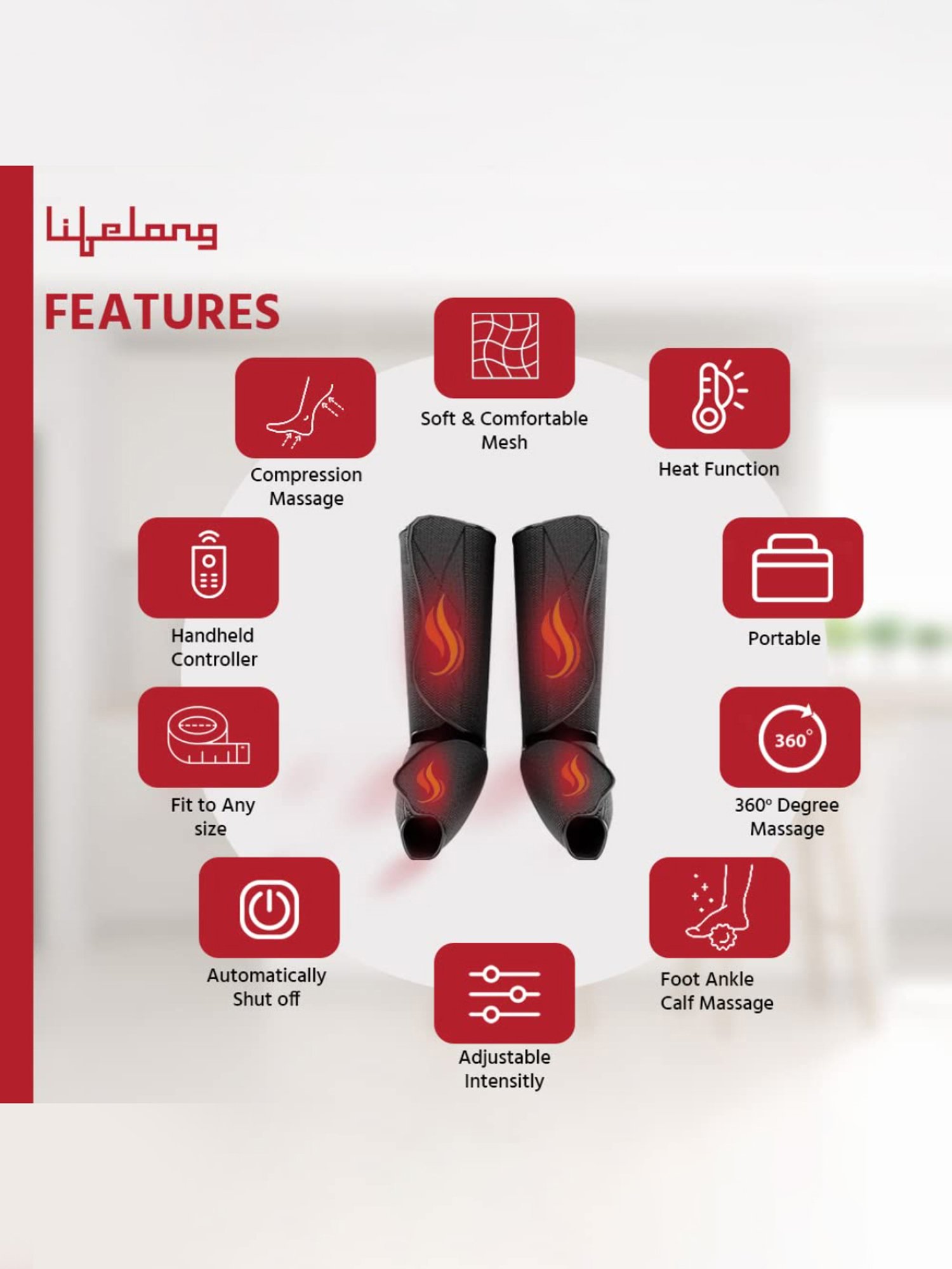 Lifelong LLM522 Rechargeable Air Pressure Massager for Calves with Heat and Vibration (Black)