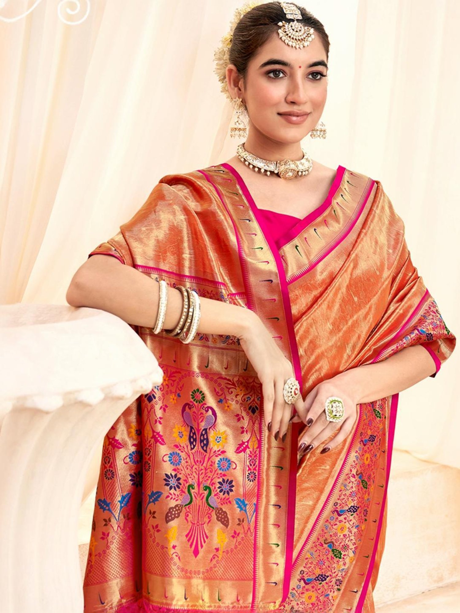 Satrani Orange & Pink Woven Saree With Unstitched Blouse