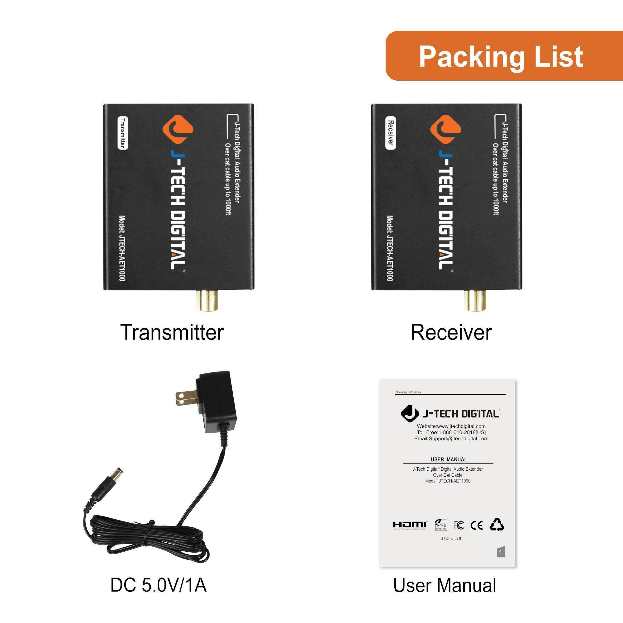 J-Tech Digital Optical/Coaxial Digital Audio Extender/Converter Over Single Cat5e/6 Cable (PoC) up to 990&rsquo; (300m) for Dolby Digital, DTS 5.1, DTS-HD, PCM [JTECH-AET1000]