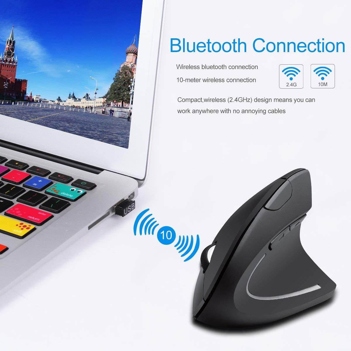 2.4G USB Wireless Vertical Mouse Rechargeable Ergonomic Optical Computer Mouse with 3 Adjustable DPI 1000/1200/1600 Levels 6 Buttons for Laptop, PC, Computer, Desktop, Notebook - Black