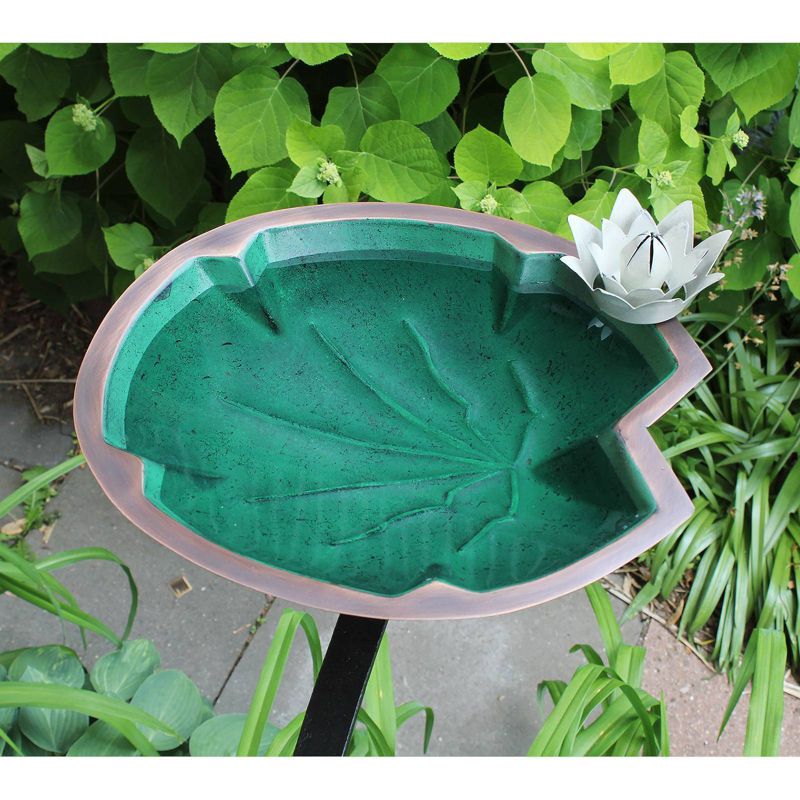 14.75" Steel Lilypad Birdbath with White Flower and Rail Mount Bracket Green - Achla Designs